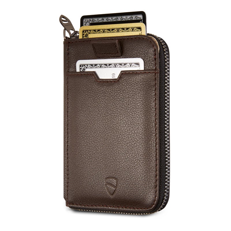 Vaultskin NOTTING HILL Minimalist Leather Zipper Wallet for Women and Men: Slim Multi Cardholder with RFID Blocking and Keychain Ring (Brown) - Image 1